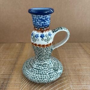 Vintage Poland Boleslawiec Artystyozna Pottery Candlestick Green & Blue on Cream